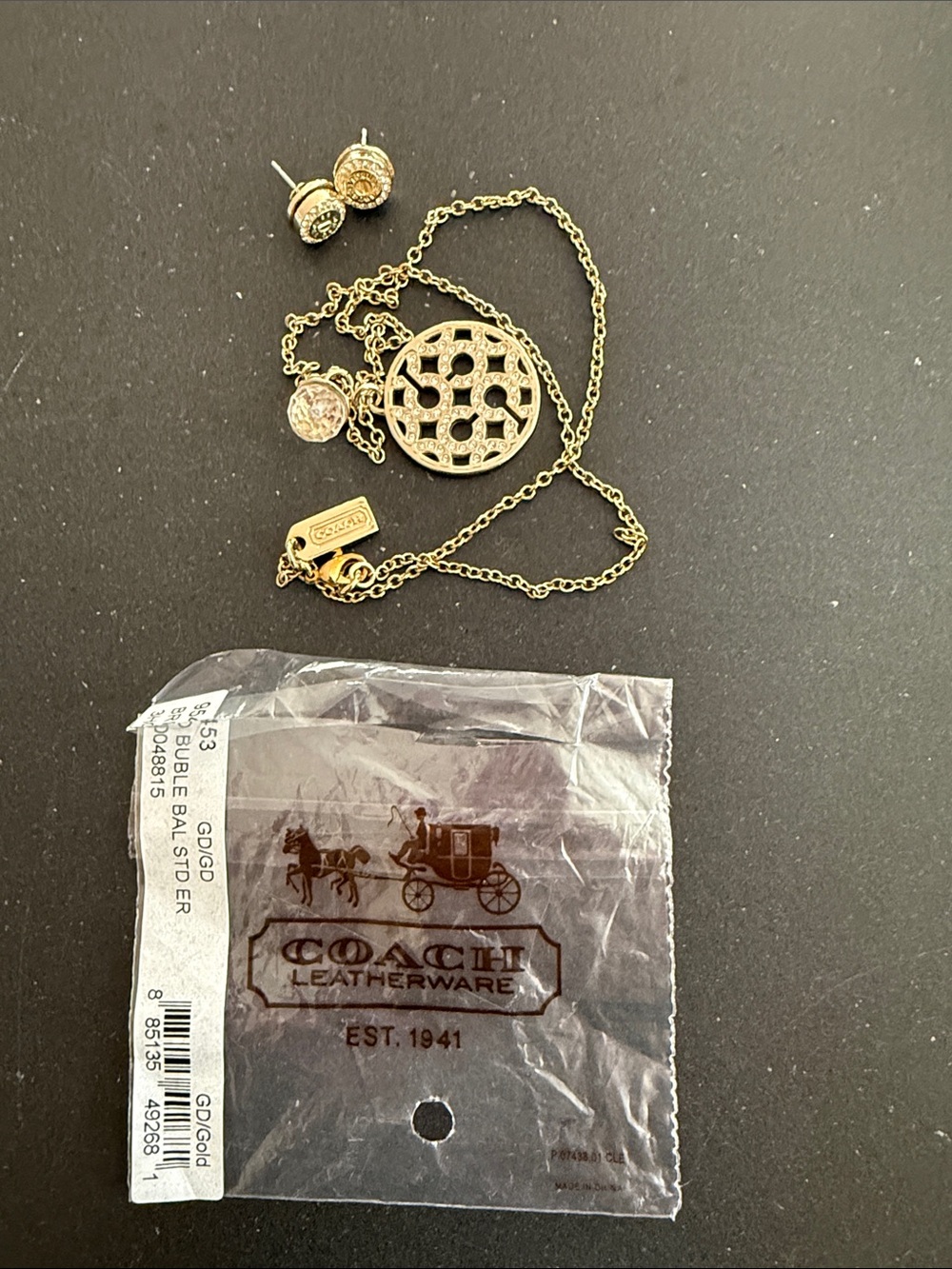 Coach Gold-Tone Openwork Pendant Necklace with Matching Studs